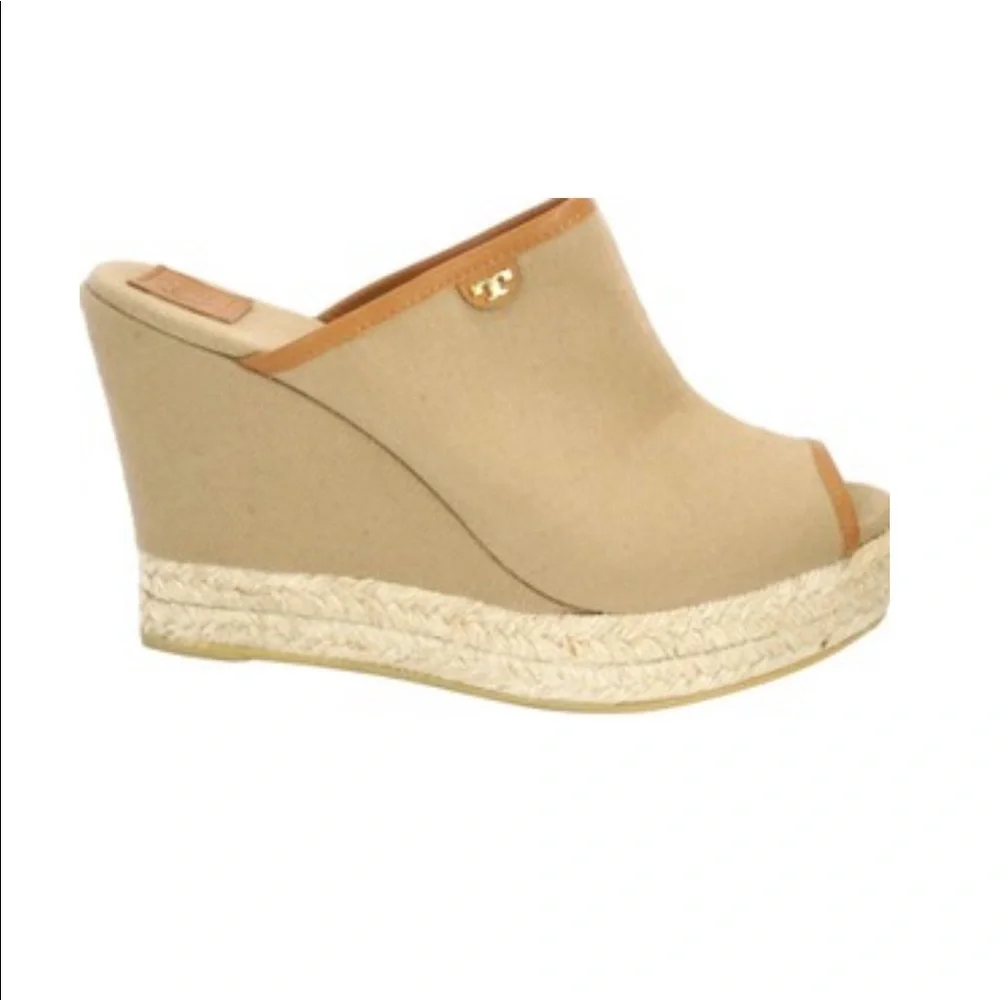 Tory Burch Beige Canvas Wedge Espadrille Mules